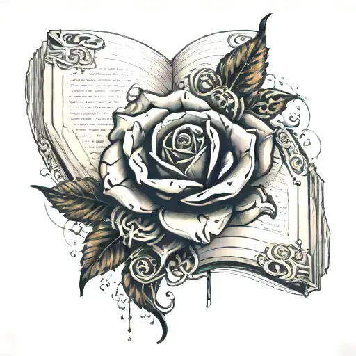 an open book growing a rose tattoo design idea
