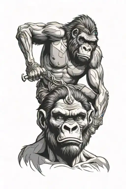 warrior holding the head of a gorilla tattoo design idea