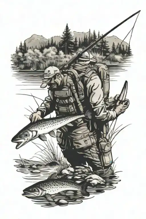man fly fishing river top down view tattoo design idea