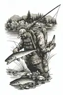 man fly fishing river top down view tattoo design idea