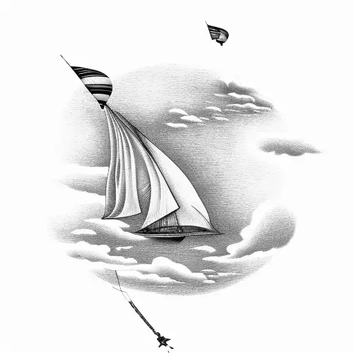 A majestic sailing ship soaring through the sky with kites trailing behind tattoo design idea
