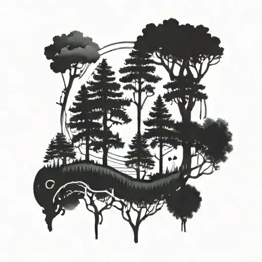 A serene forest landscape with hidden musical notes incorporated into the trees tattoo design idea