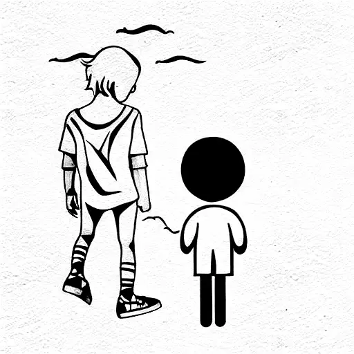 a little child with a big demon behind him in the form of a shadow tattoo design idea