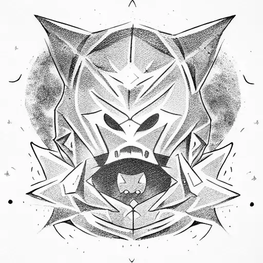 a longsword, a bear, gengar, and a beautiful woman's face and cleavage tattoo design idea