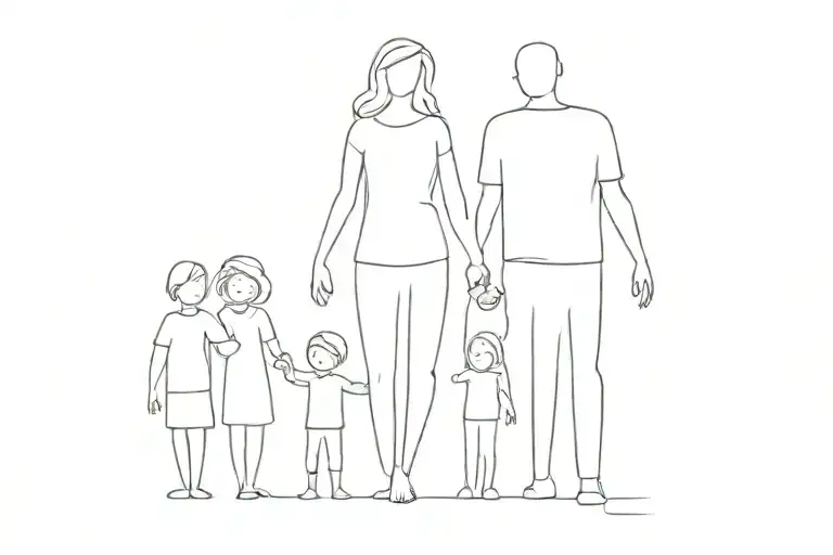 one line drawing of a family of five: the father the mother the big brother the middle sister and the little brother tattoo design idea
