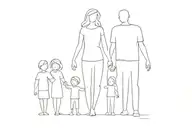 one line drawing of a family of five: the father the mother the big brother the middle sister and the little brother tattoo design idea