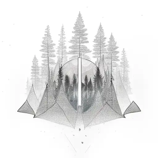 A minimalist tattoo design of a mystical forest scene with hidden yoda faces peeking out from the foliage, capturing the client's love for mystery and nature tattoo design idea