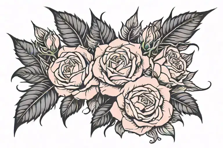 Tramp stamp design for a tattoo. A floral design with pink roses with black leaves and thorns. At the centre of the tatt tattoo design idea