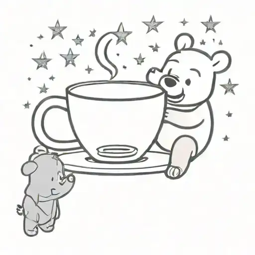 A minimalist tattoo of Chip and Pooh Bear sharing a cup of coffee while looking out at the stars tattoo design idea