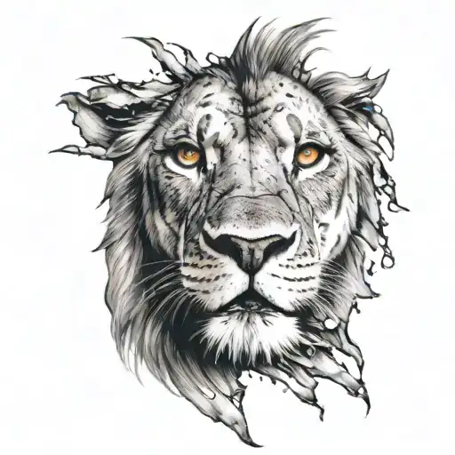 lion face with one damaged eye and scar tattoo design idea