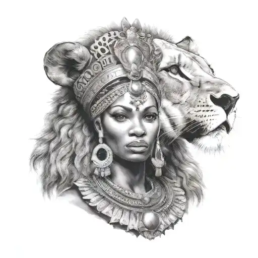 nubian queen with lion  make for half sleeve  tattoo design idea