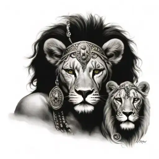 nubian queen with lion  make for half sleeve with tribal nubian symbols tattoo design idea