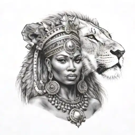 nubian queen with lion  add some tribal  tattoo design idea