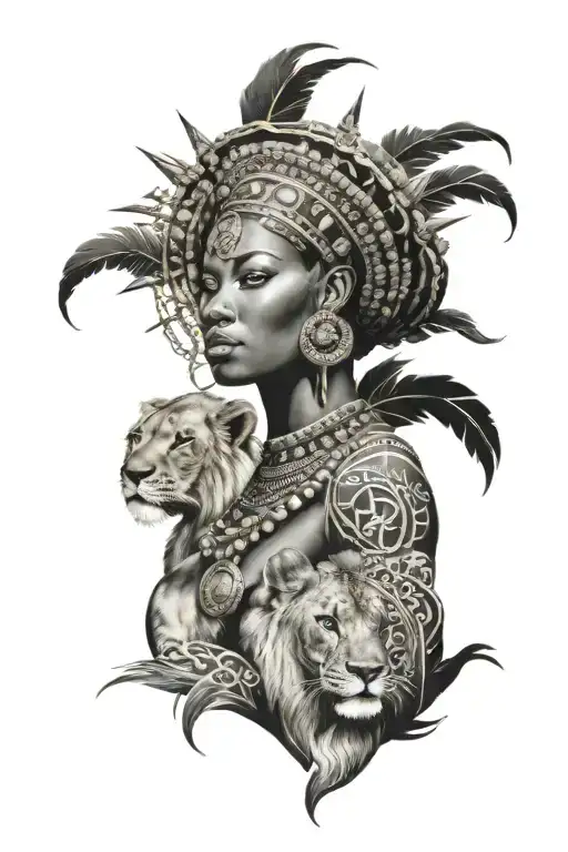 nubian queen with lion surrounded tribal symbols integrated tattoo design idea