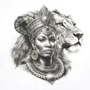 nubian queen with lion  add some tribal  tattoo design idea