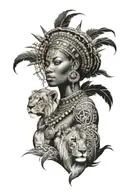 nubian queen with lion surrounded tribal symbols integrated tattoo design idea