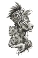 nubian queen with lion surrounded tribal symbols integrated tattoo design idea