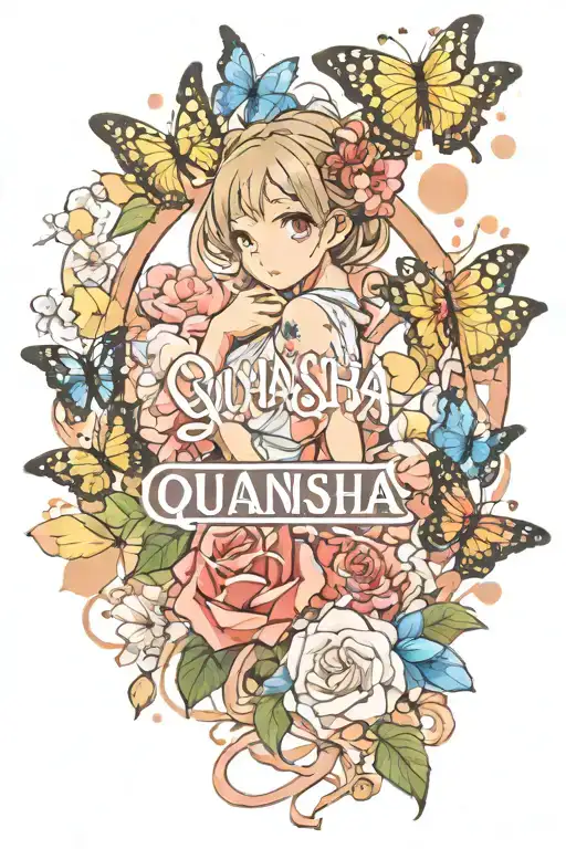 Name word "Quanisha" surrounded by butterflies, roses, and sakura petals tattoo design idea
