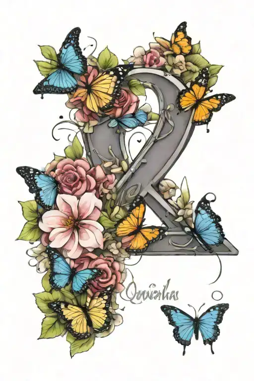 Name letters "Quanisha" surrounded by butterflies, roses, and sakura petals tattoo design idea