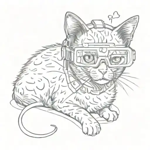 small cat in vr headset looks up tattoo design idea