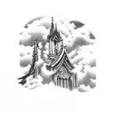 Destroyed and burned cathedral with Japanese style clouds around tattoo design idea