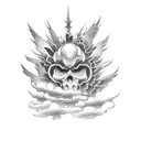 Destroyed and burned cathedral with Japanese style clouds around tattoo design idea