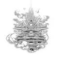 Destroyed and burned cathedral with Japanese style clouds around tattoo design idea