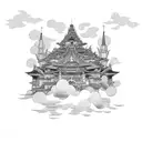 Destroyed and burned cathedral with Japanese style clouds around tattoo design idea