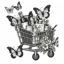A shopping cart overflowing with makeup products, surrounded by a halo of butterflies and flowers tattoo design idea