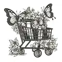 A shopping cart overflowing with makeup products, surrounded by a halo of butterflies and flowers tattoo design idea