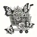 A shopping cart overflowing with makeup products, surrounded by a halo of butterflies and flowers tattoo design idea