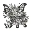 A shopping cart overflowing with makeup products, surrounded by a halo of butterflies and flowers tattoo design idea