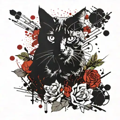 cat and flowers tattoo design idea