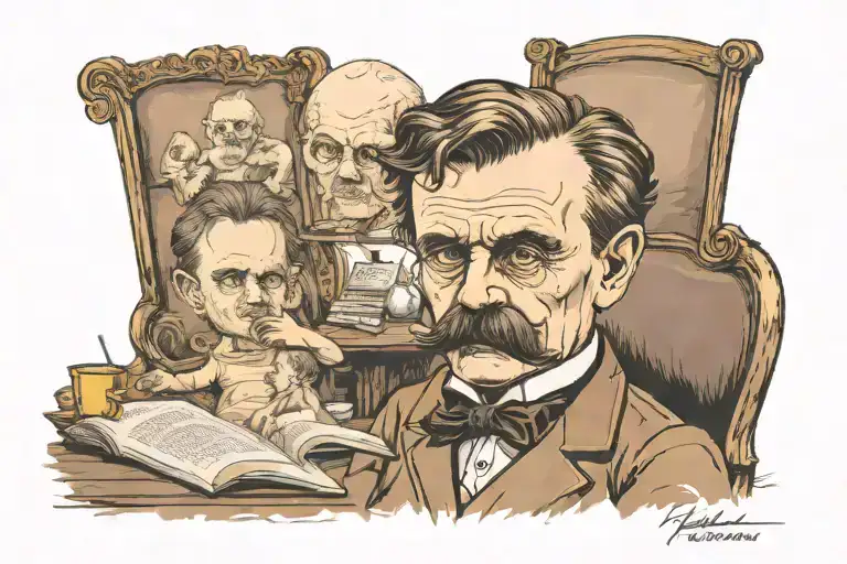 A kid version of Nietzsche, with philosophy and Freuds psychoanalysis thoughts dilemma tattoo design idea