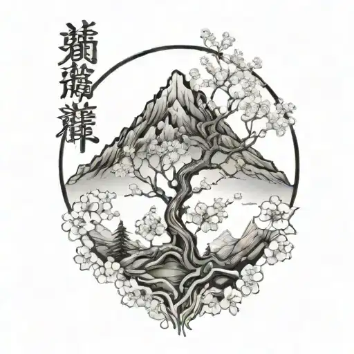 A cherry blossom tree intertwined with the quote 'Fear is the mind killer', surrounded by a mountain landscape tattoo design idea