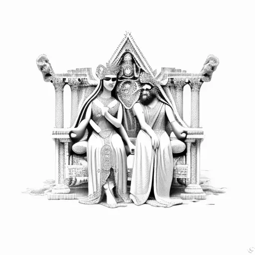 wondertwins imagined as Greek aged and goddess sitting on a throne in an ornate cathedral tattoo design idea