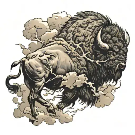 Buffalo running through a storm clouds with lightning with the phrase one day you will die underneath tattoo design idea