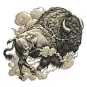 Buffalo running through a storm clouds with lightning with the phrase one day you will die underneath tattoo design idea