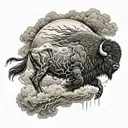 Buffalo running through a storm clouds with lightning with the phrase one day you will die underneath tattoo design idea