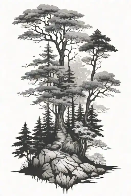 misty forest scene tattoo design idea