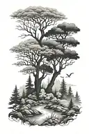 misty forest scene tattoo design idea