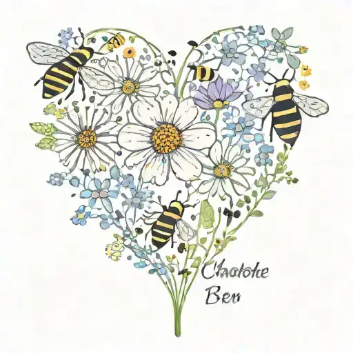 names Charlotte And Ben with Flowers and bees flying tattoo design idea
