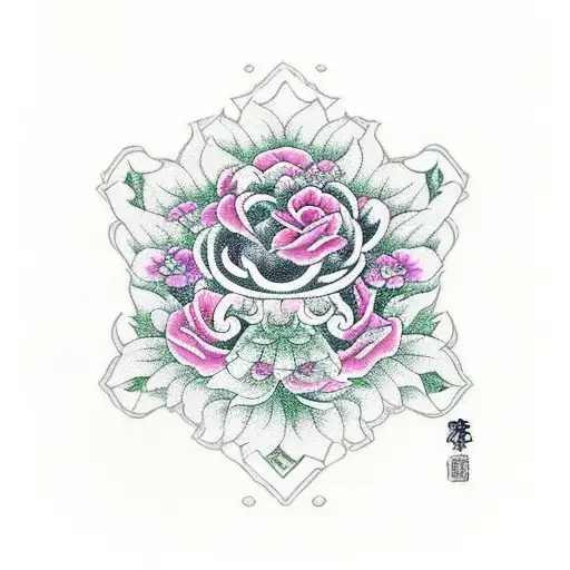 maru ni umebachi crest with rose violet and chrysanthemum tattoo design idea