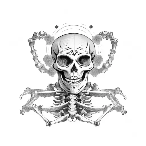 a skeleton holding his head with a spir in his back tattoo design idea