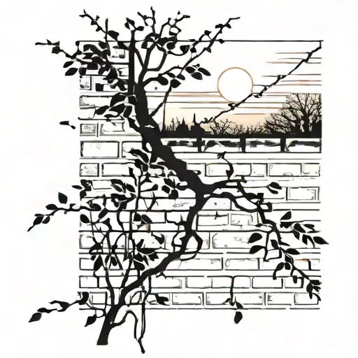 rustic brick wall with invasive vines with a sunset backdrop  tattoo design idea