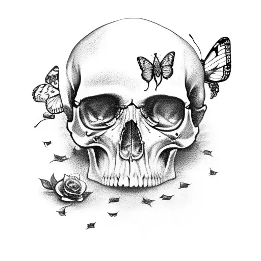 cracked skull with butterflies and roses tattoo design idea