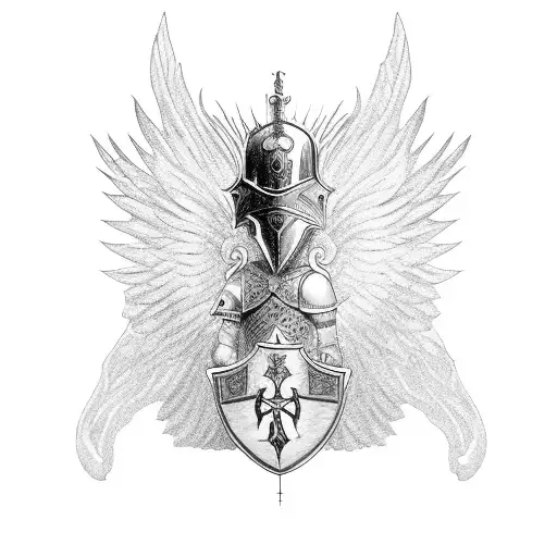 Kneeling knight looking at a shield that has cherub wings tattoo design idea
