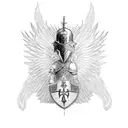 Kneeling knight looking at a shield that has cherub wings tattoo design idea