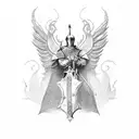 Kneeling knight looking at a shield that has cherub wings tattoo design idea