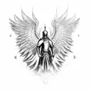 Kneeling knight looking at a shield that has cherub wings tattoo design idea